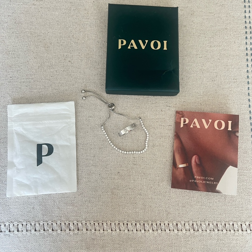 Pavoi Silver Cubic Zirconia Tennis Bracelet & Love Ring